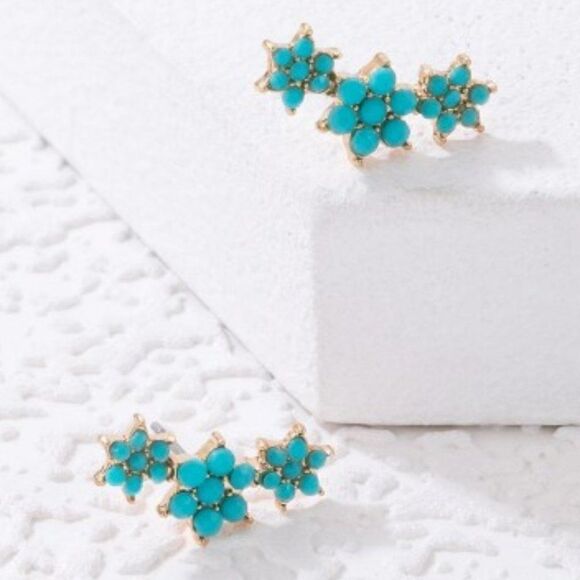 TURQUOISE GOLD FLOWER EAR CRAWLER STUD EARRINGS - Picture 2 of 4